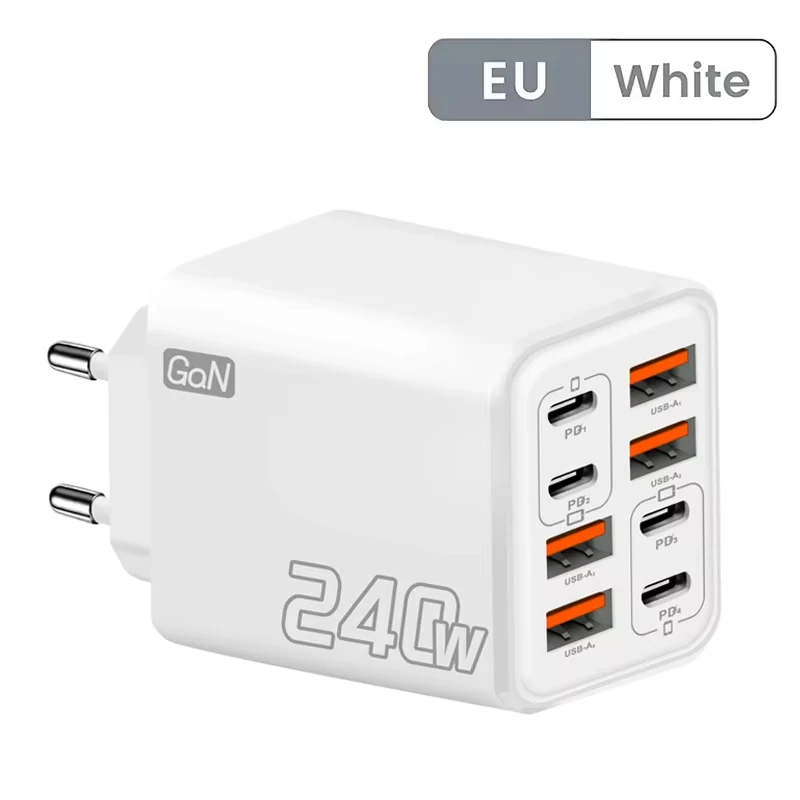 240W GaN USB-C-Ladegerät 8-in-1 Schnellladegerät für iPhone, Samsung, Xiaomi, Typ-C, EU/US-Stecker, Wandladegerät