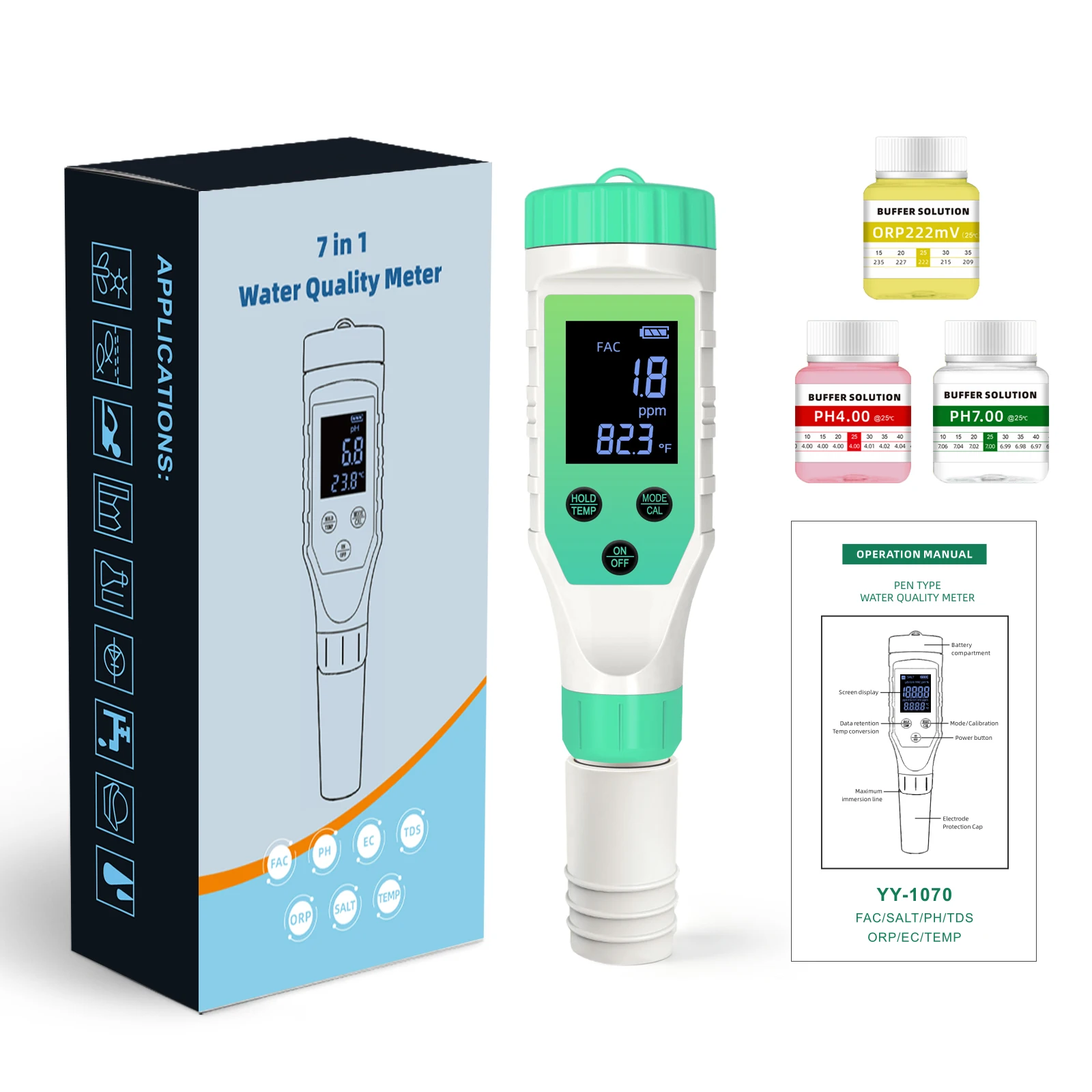 Yieryi 7 In 1 Water Quality Tester PH Salinity TDS EC ORP FAC Chlorine Temp Meter For Pool Spa Aquarium Hydroponics