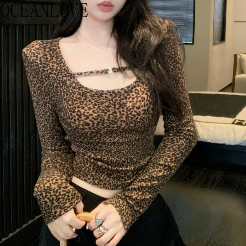 OCEANLOVE Y2k Leopard T Shirt for Women Sexy Low Collar Autumn Winter Ropa De Mujer Korean Fashion Vintage Camisetas Tops