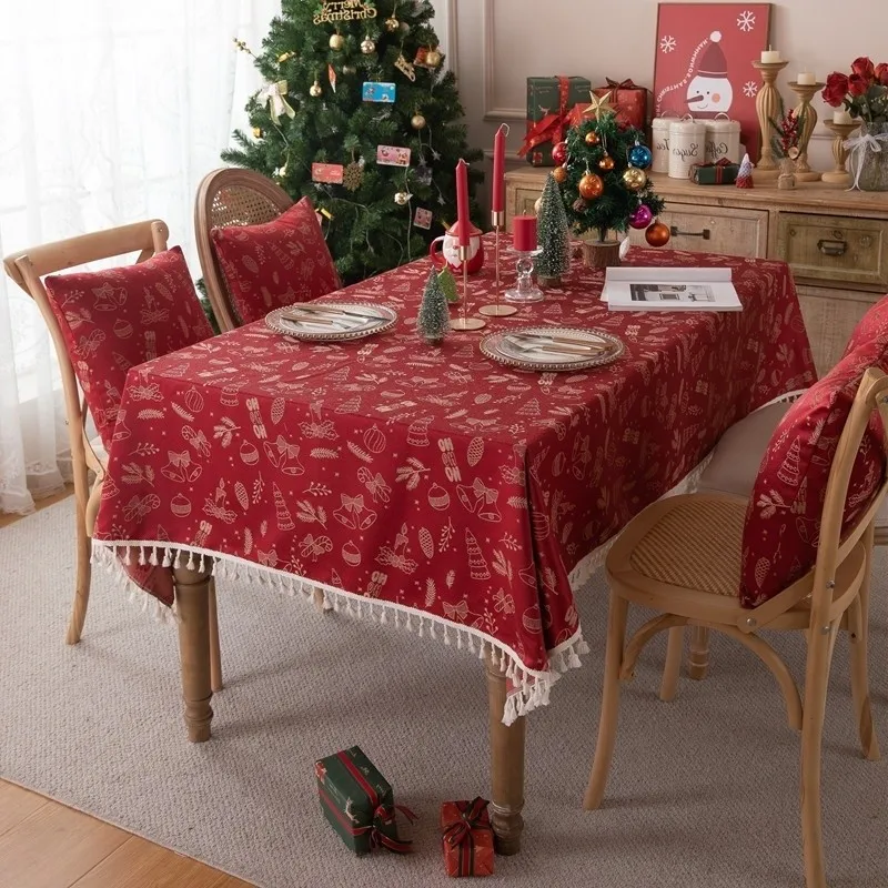 

Красная жаккардовая скатерть с узором «Рождественская елка, колокольчики, олени, кисточки», водонепроницаемая и пыленепроницаемая, моющаяся, для защиты столешницы