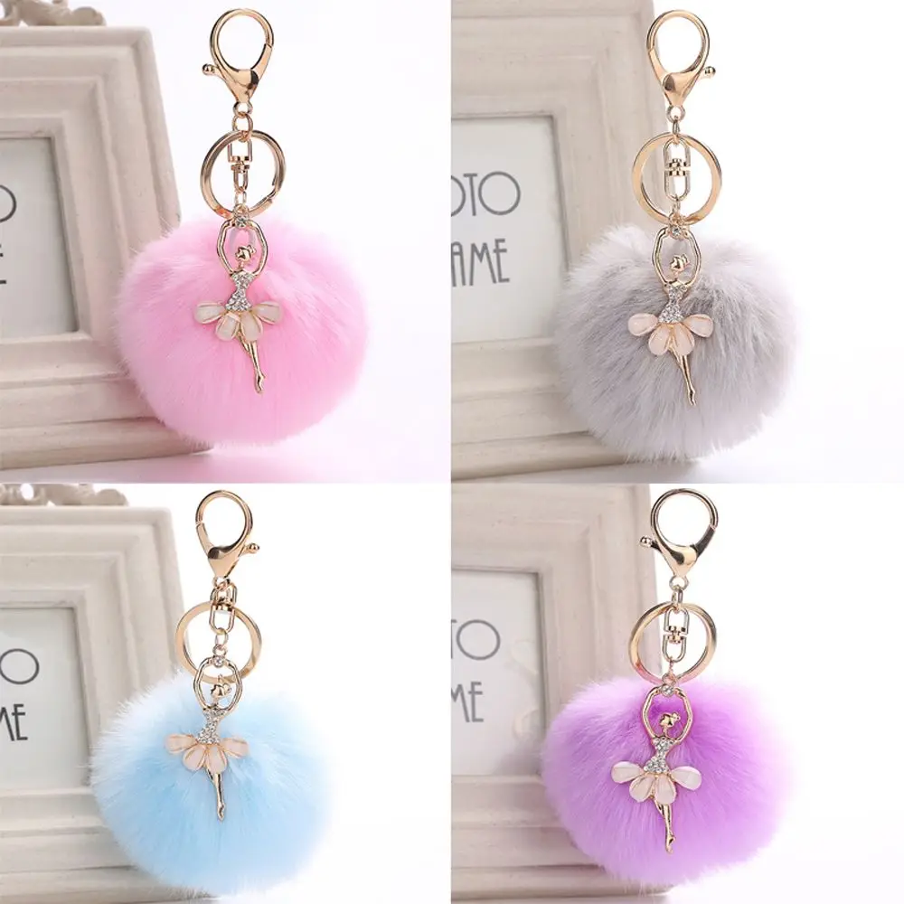 Women Jewelry Fluffy Faux Rabbit Fur Key Buckle Car Pendant Angel Keychain Ballet Dancing Girl Keyring