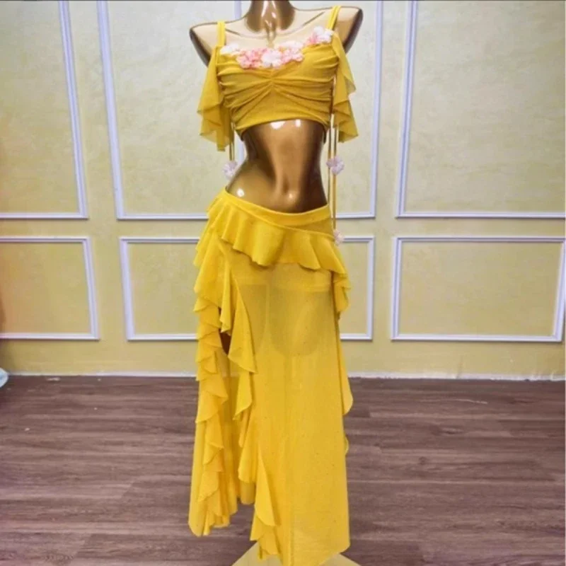 Trajes de danza del vientre Oriental personalizados, Top de cintura Sexy, falda larga envolvente de cadera, ropa de práctica, vestido de actuación de danza moderna
