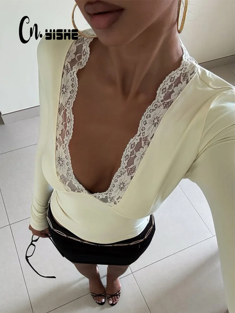 

CNYISHE Lace Patchwork Solid Casual Women T-shirts Sexy Club Sheath Fashion V Neck Long Sleeve Female Basic Tops Tees Elastic