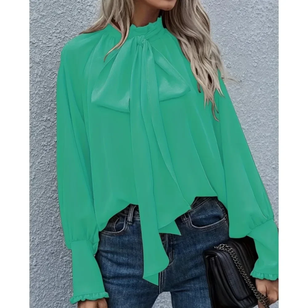 CPSYMYM Damen-Hemd mit Stehkragen, Fliege, Blase, langärmelig, Frühling und Herbst, neu, locker, alles, elegant, weiblich, lässig, O-Ausschnitt, alle M