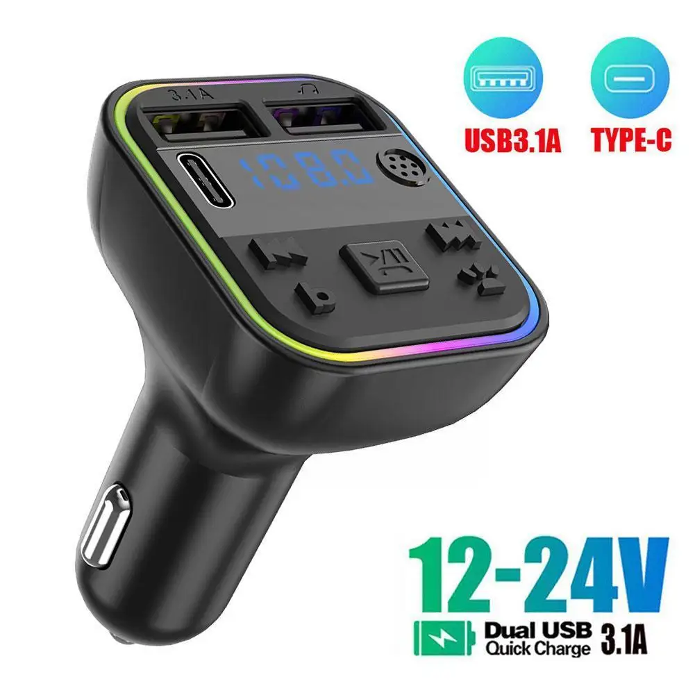 

Car Bluetooth 5.0 FM Transmitter Charger Colorful Ambient Handsfree Type-C Light Charger USB Dual Fast Player MP3 Modulator B3W5