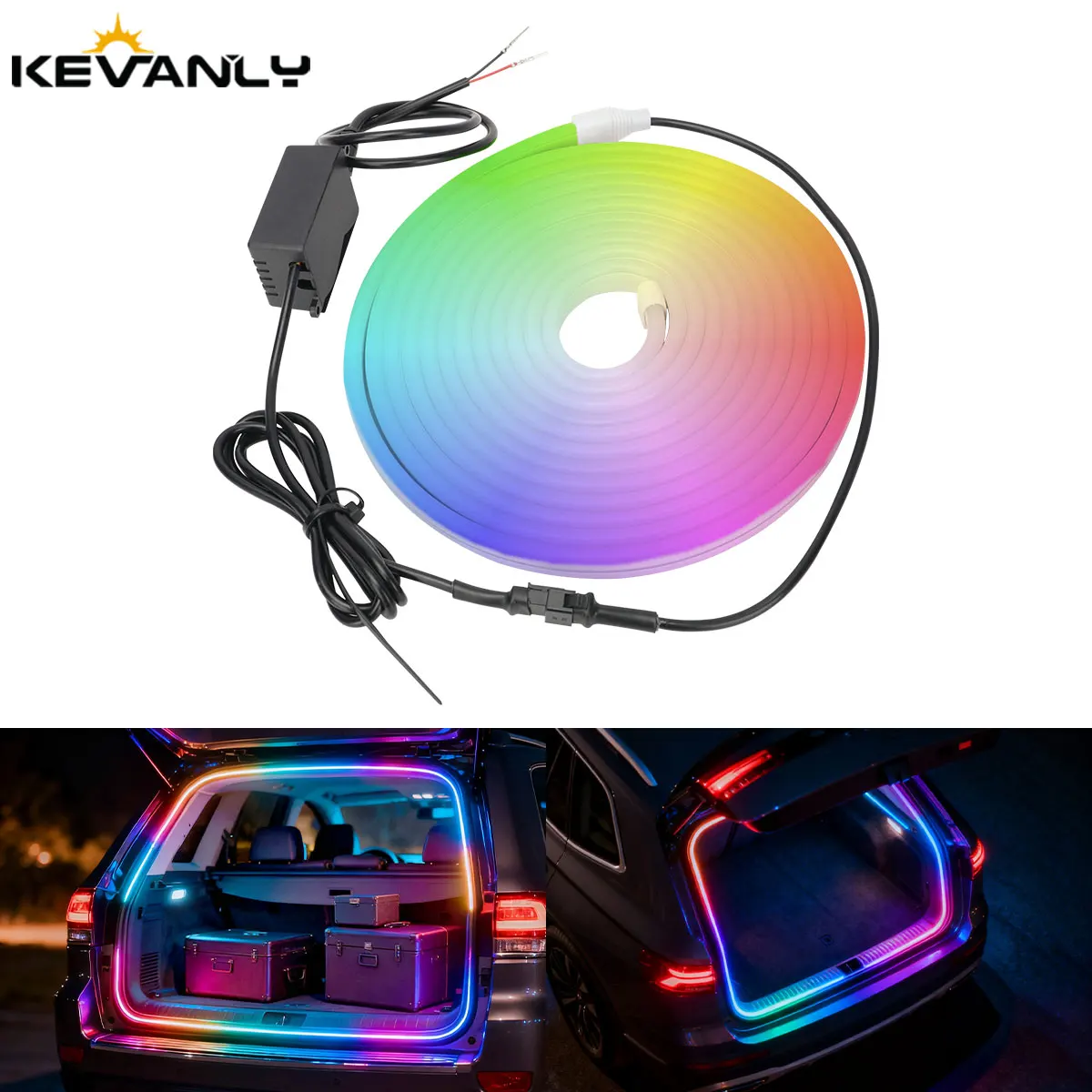 4M Auto-Kofferraum-LED-Streifenlicht RGB Regenbogen Dynamisches Lauflicht Universelle Auto-Kofferraum-Dekoration Außen- und Innen-LED-Licht 12V