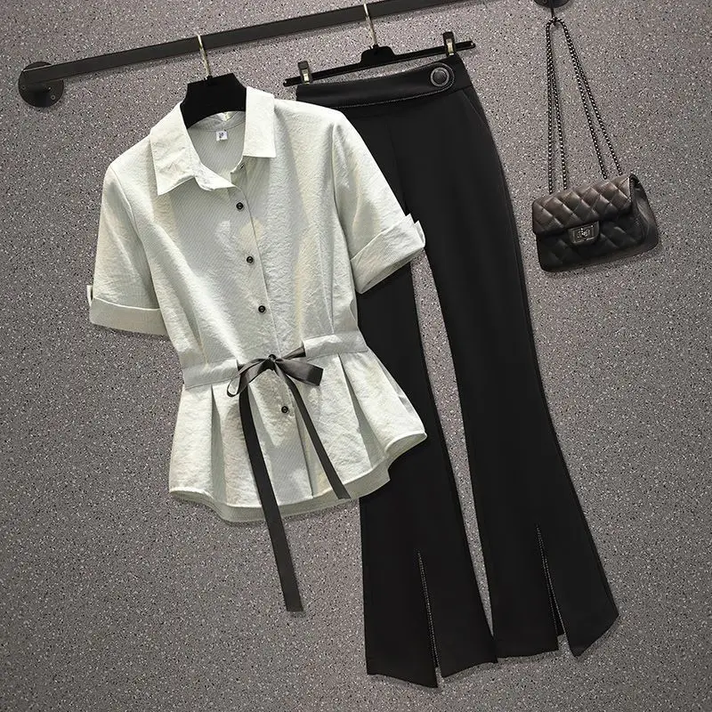 Button Decorative Bow Tie Up Short Sleeve Chiffon Shirt Casual Wide Leg Pants Two Piece Elegant Women\'s Pants Set Office Outfits