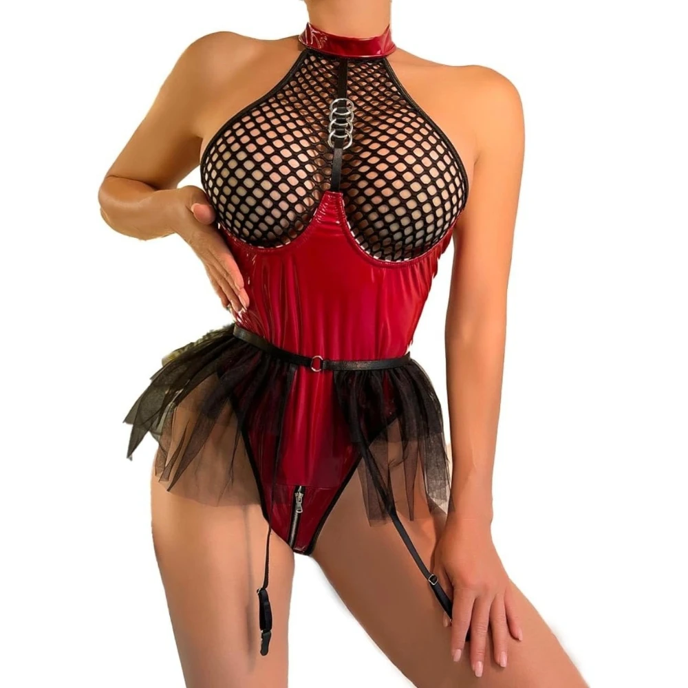 Halter Neck Fishnet Patent Leather Teddy Lingerie Mesh Bodice Tulle Tutu Skirt Zipper Crotch Design Nightclub Intimate Outfits