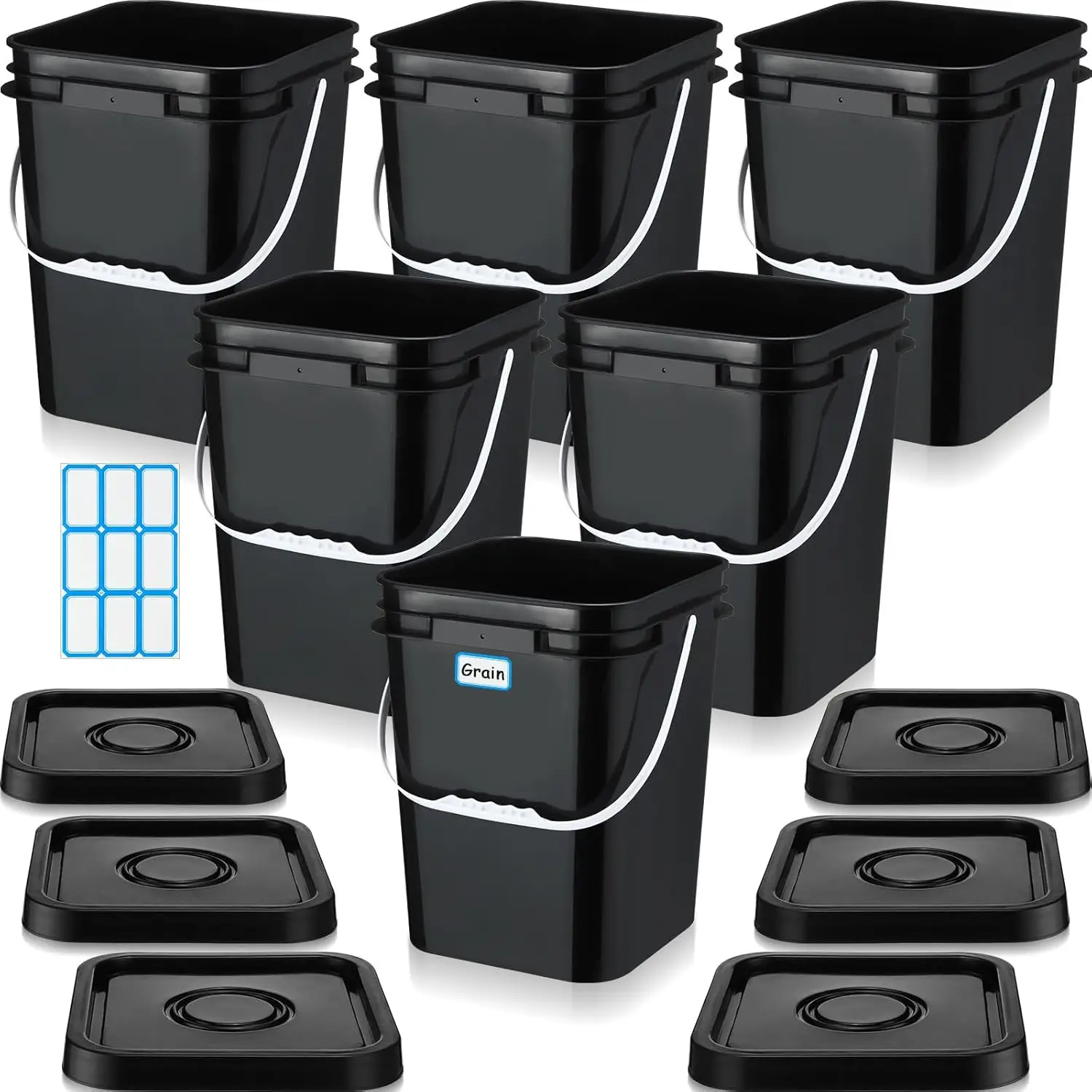 

6 Pack 5 Gallon Square Buckets with Lids Heavy Duty Plastic Storage Pails for Food Water Paint Black