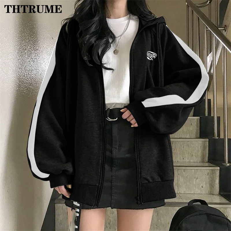 Harajuku Vintage Korean Hoodies Fashion Women Y2K Zipper Long Sleeve Oversized Streetwear Tops Casual Office Lady Sweatshirts