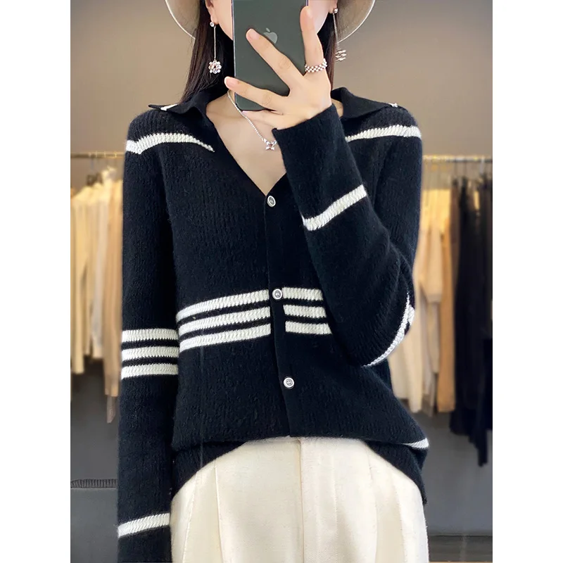 Button V-neck solid color women's new cardigan loose and atmospheric autumn and winter Blouse striped top