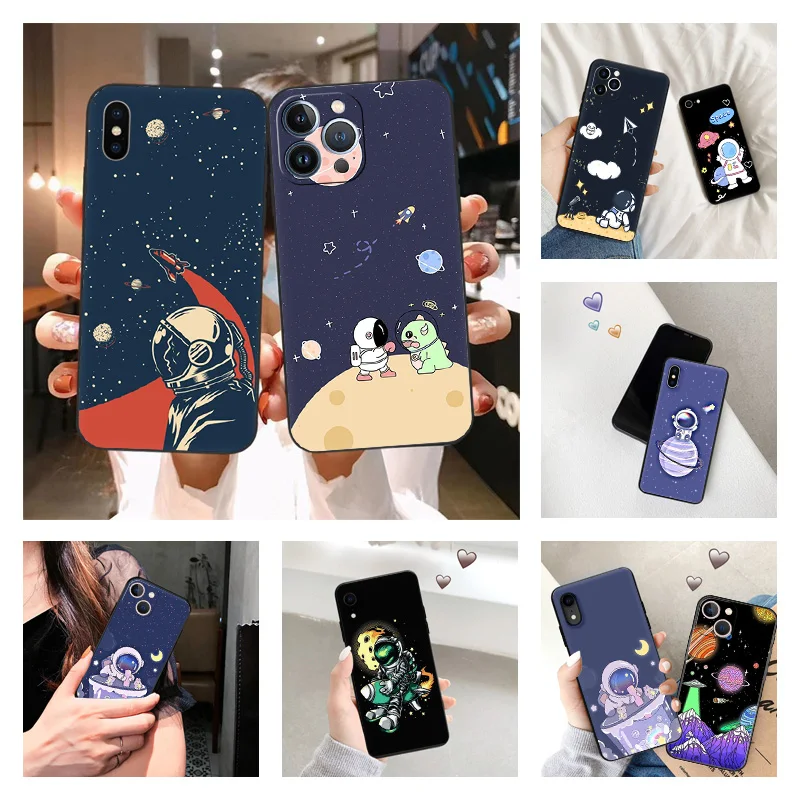 Black Matte Cell Phone Case For iphone 14 Pro Max 15 Plus 8 7 11 12 13 X XS XR SE Soft Moon Cartoon Astronaut Rocket Cute Cover