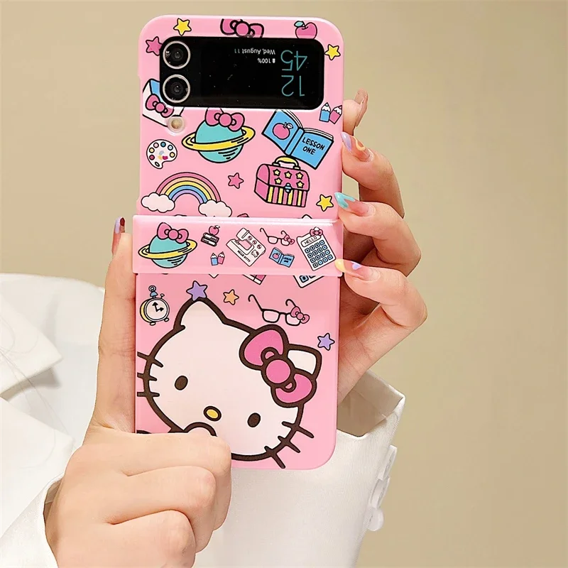 Cute Cartoon Sanrio Hello Kitty Phone Case For Samsung Galaxy Z Flip 6 5 Candy Colorful Hard Cover For Z Flip 3 4 With Lanyard