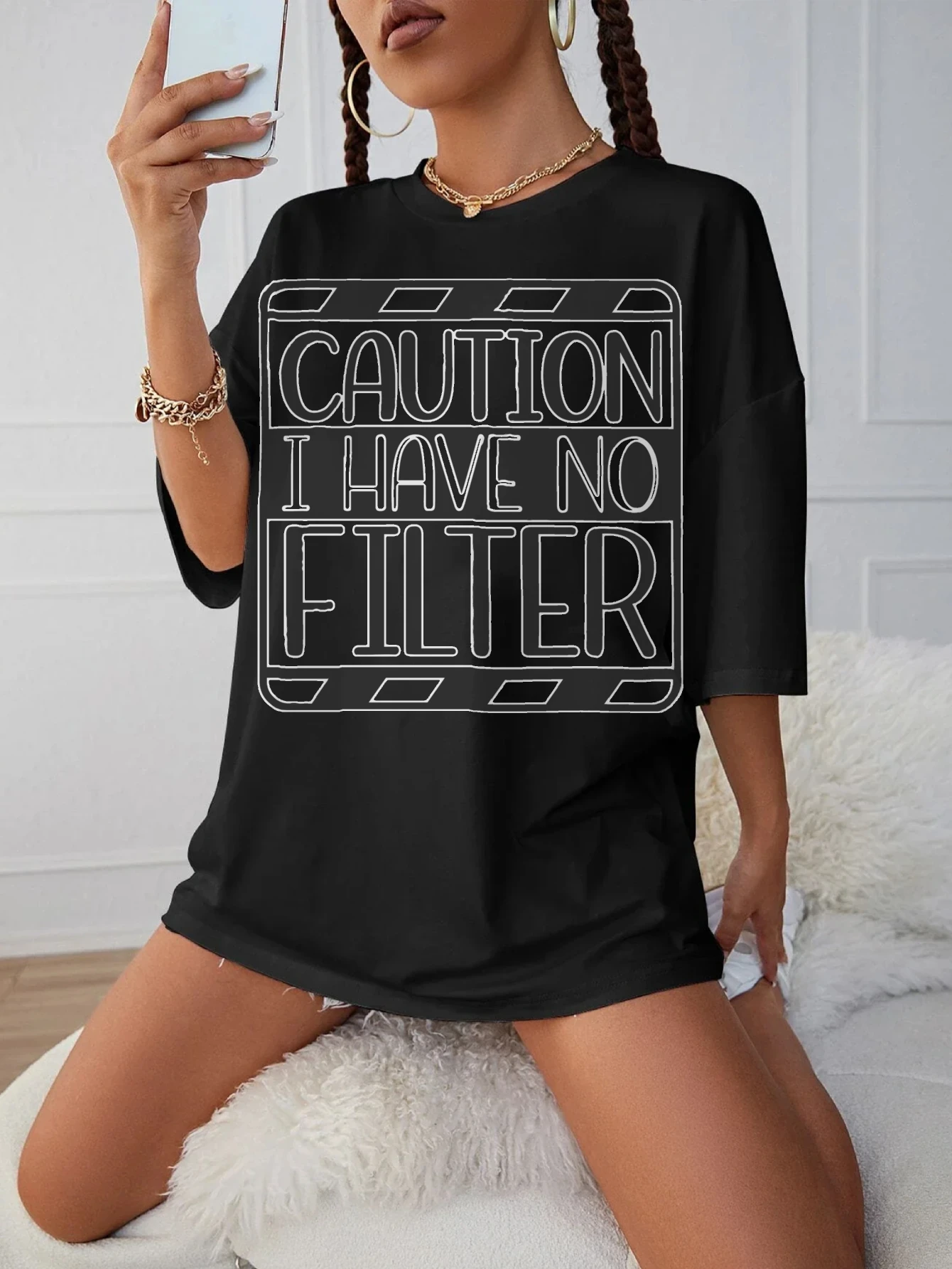 

Caution I Have No Filter Women's Black Round Neck T-Shirt Loose Fit Comfortable Maternity Wear for Winter