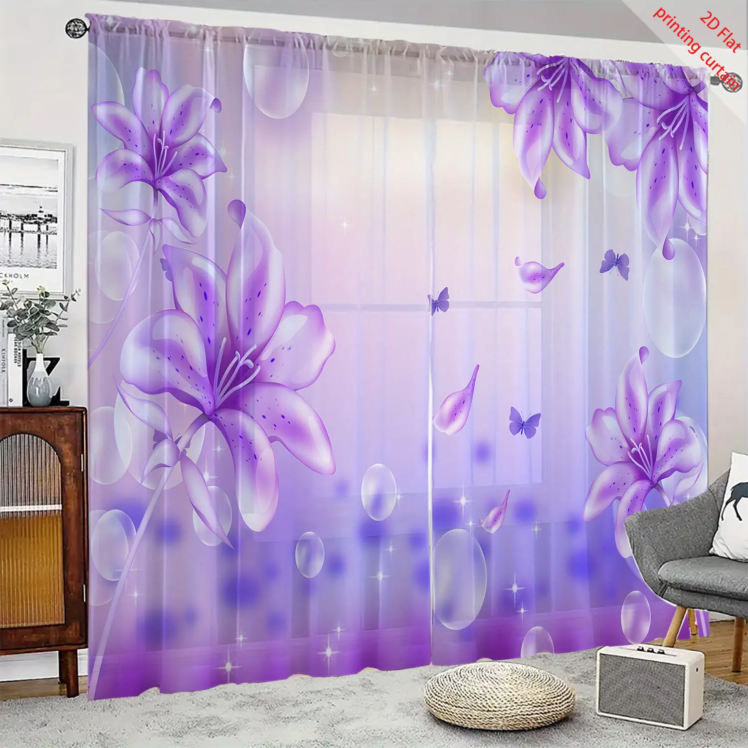 Purple flower printed transparent gauze curtain, romantic home decoration, suitable for living room, bedroom, balcony windows