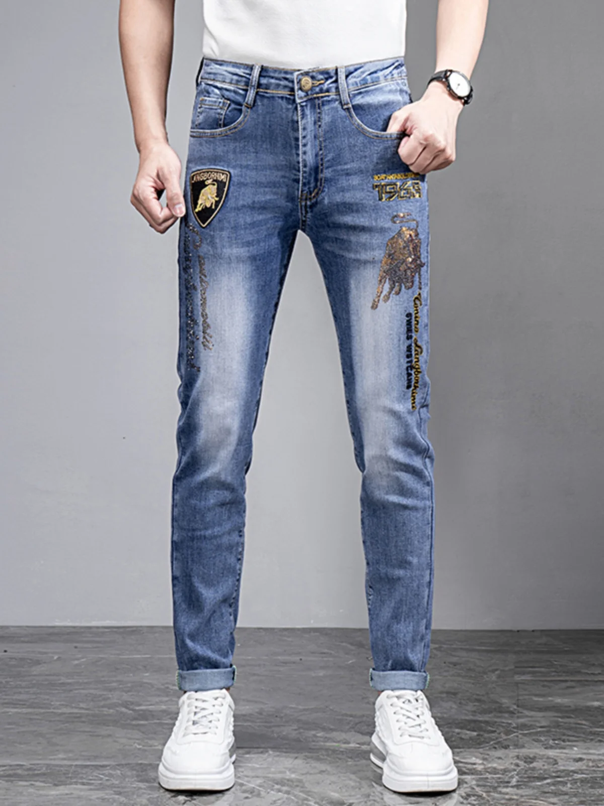 

Slim Fit Summer Thin Jeans Men's Gold Bull Embroidery Rhinestone Trendy Straight Leg Long Pants Casual Wear Cotton Stretch Denim