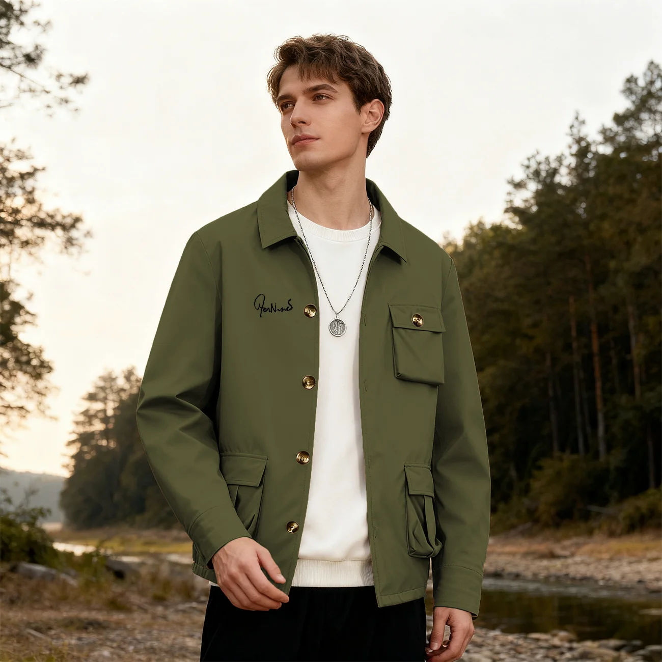 New men's jacket coat - solid color with multiple pockets, rugged and simple style, long-sleeved casual shirt