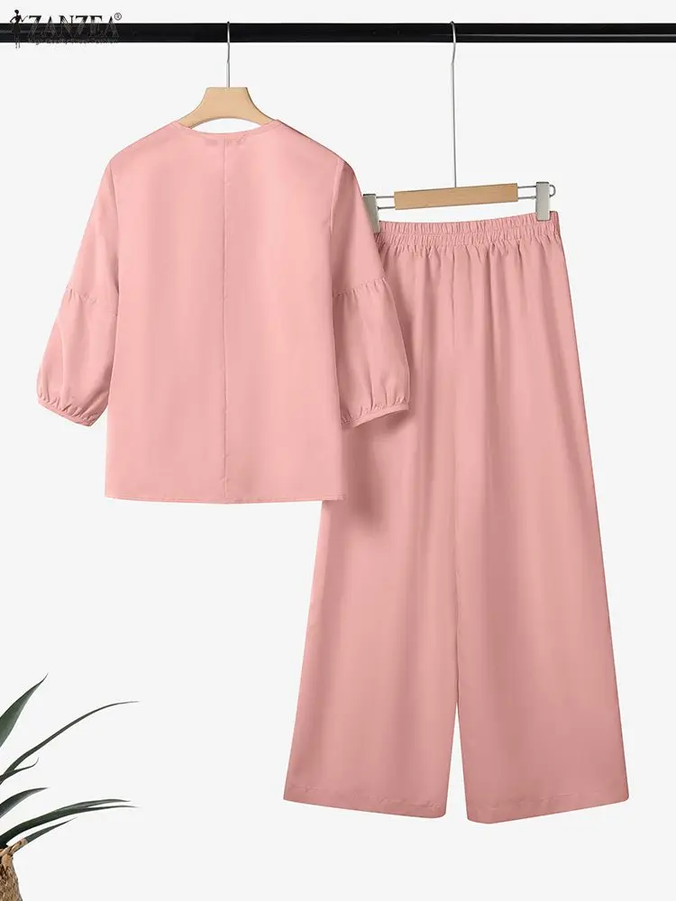2025 ZANZEA الخريف بانت مجموعات النساء 2 قطعة وتتسابق س الرقبة 3/4 كم بلوزة بنطلون عادية الصلبة OL العمل رياضية 2 قطع مجموعات