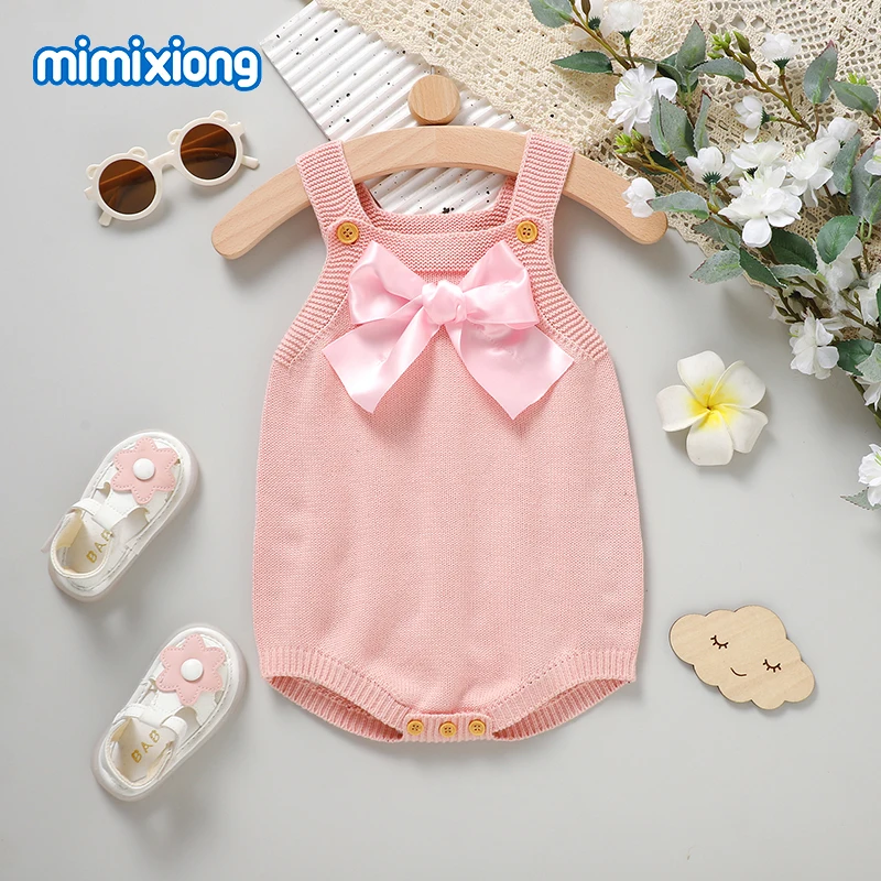 

Baby Girls Bodysuits Clothes Cute Pink Bowknot Newborn Sleeveless Onesie Outfit 0-18m Infant Toddler Knitted Jumpsuits One Piece