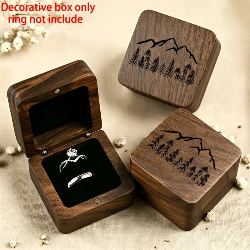 Caja de Anillos de Madera Plana 2D con Patrón de Pino Montañoso, Caja de Joyas de Madera para Recuerdos, Almacenamiento para Parejas de Compromiso y Boda, Regalo Romántico