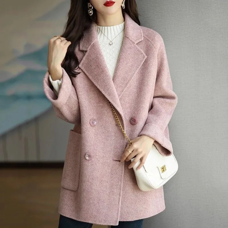 

2025 Autumn/Winter New Fashion Herringbone Loose Slimming Trendy Petite Versatile Wool Blend Mid-Length Coat for Women