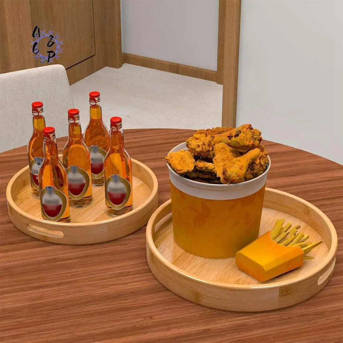 

A68P-Round Serving Tray With Handles - Wooden Bamboo Circle Tray For Coffee Table, Food, Ottoman