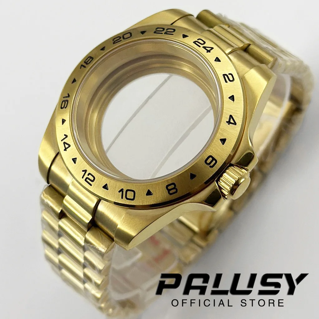 Gold EXP 24 Stunden 40 mm feste Lünette Uhrengehäuse Edelstahlarmband Saphirglas für NH34 NH35 NH36 ETA2824 Uhrwerk