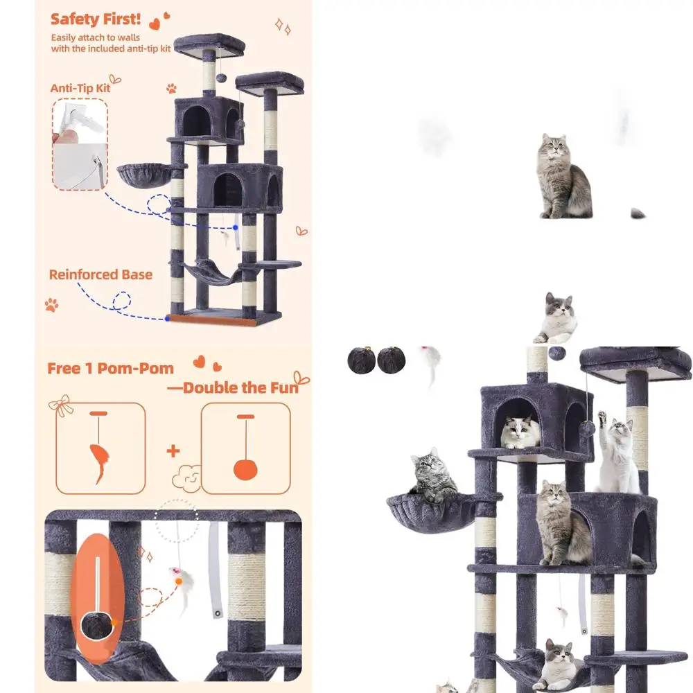 

66.2 Indoor Cat Tree with 7 Scratch Posts, 2 Perches, 2 Caves, Hammock, Smoky Gray