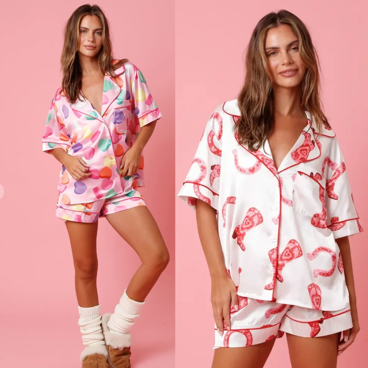 Women Spring Summer Pajama Set Heart/Boots Print Short Sleeve Button Closure Shirt with Shorts Loose Sleepwear Loungewear