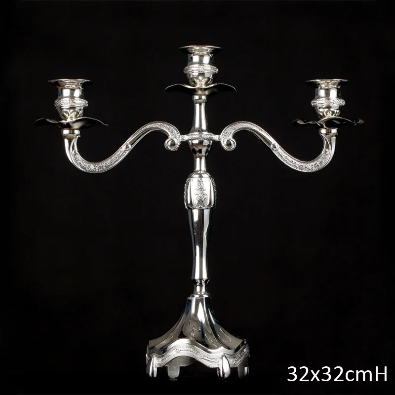 European Style Shiny Silver Plating Smooth Surface Home Decor Tabletop Metal Alloy 3 Pieces Stick Candle Holders