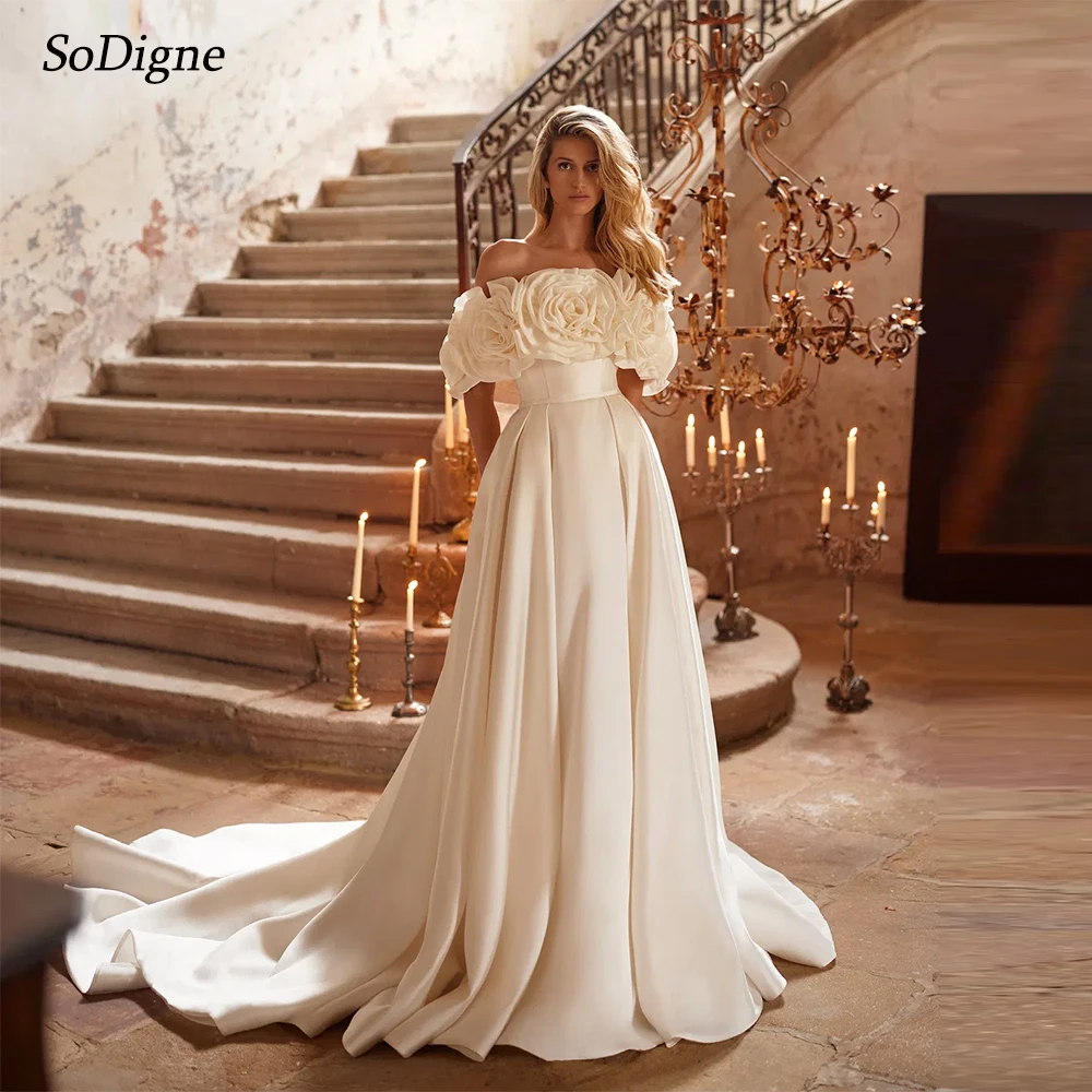 

SoDigne Off Shoulder 3D Flower Wedding Dresses A-line Sleeveless Simple Satin Bridal Dress 2025 Long Wedding Gown Robe De Mairee