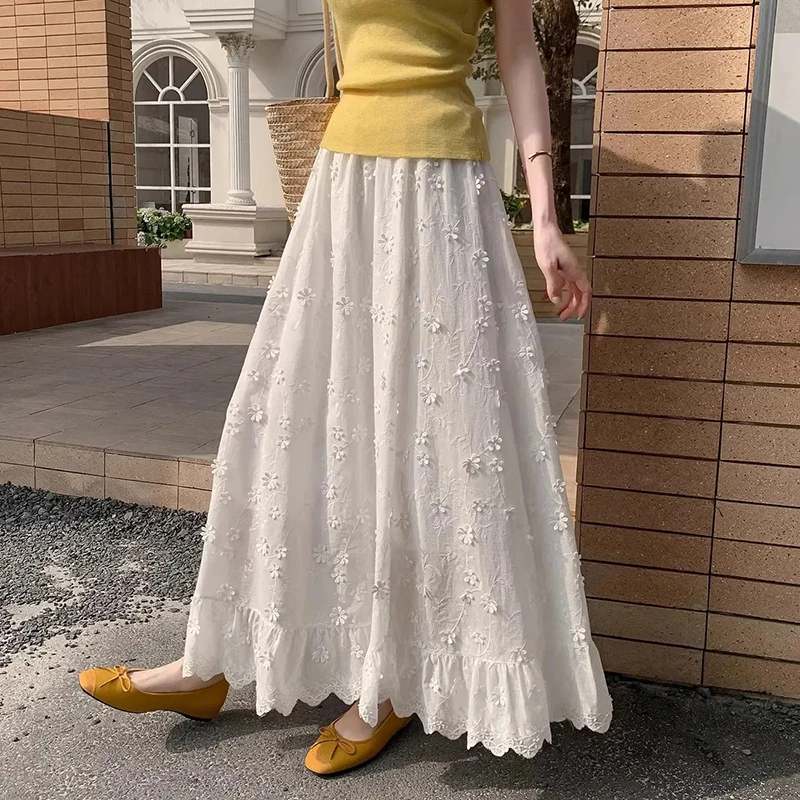 White Heavy 3D Floral Skirt Women Sweet Crochet High Waisted Midi Skirt Lace Patchwork Preppy Style Korean Fashion Long Skirt