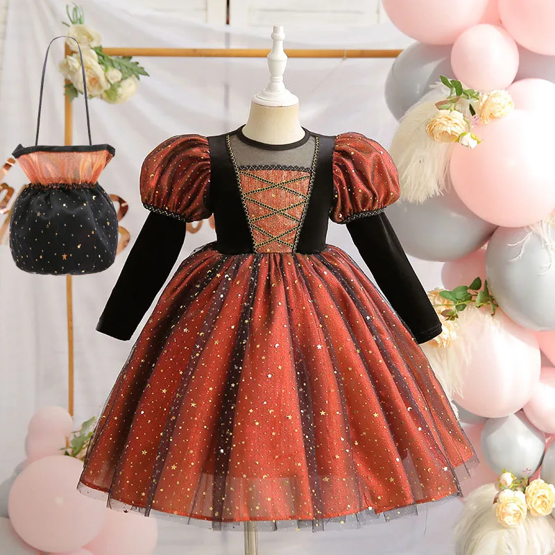 

Luxury Witch Dress For Halloween Lantern Long Sleeve Vampire Witch Party Dresses Sequins Orange Christmas Performance Dress Up