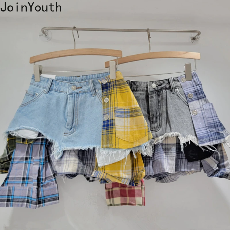 

Y2k Skirts for Women 2024 Faldas Mujer De Moda High Waist Casual Chic Jupe Korean Summer Saia Patchwork Plaid Denim Mini Skirt