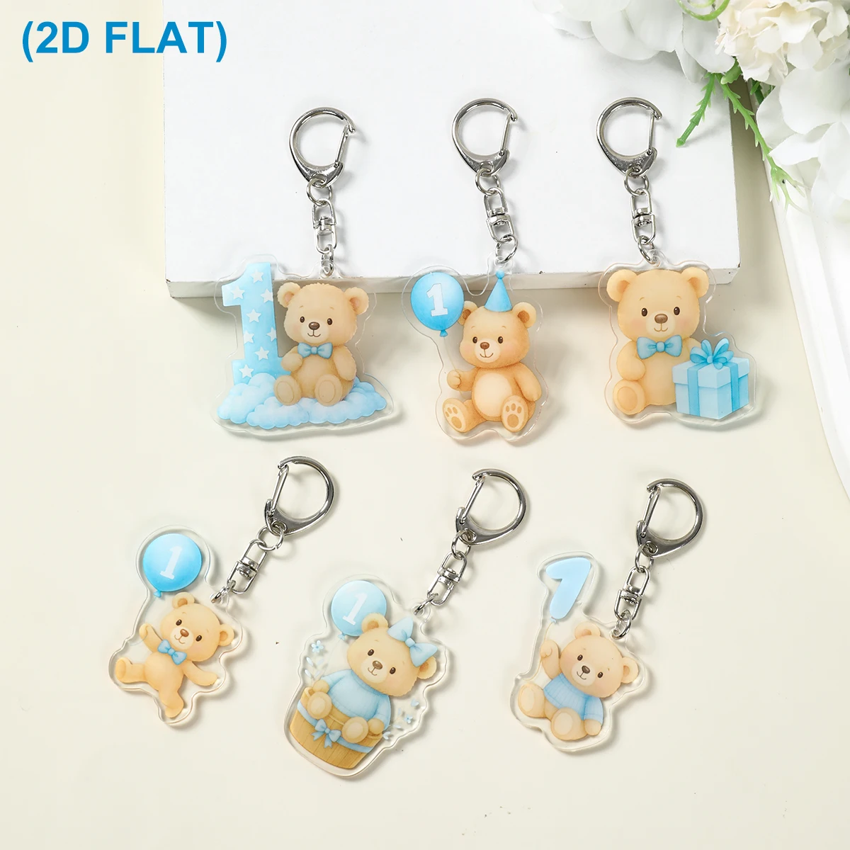 6Pcs 1st Birthday Bear Keychains Acrylic Cartoon Keyring Pendant for Baby Shower Boy First Birthday Party Favors Gift Bag Filler