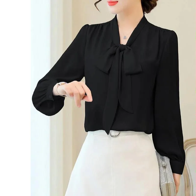 Camisa feminina de laço de chiffon, manga comprida, blusa solta, monocromática, que combina com tudo, moda, nova, primavera, outono