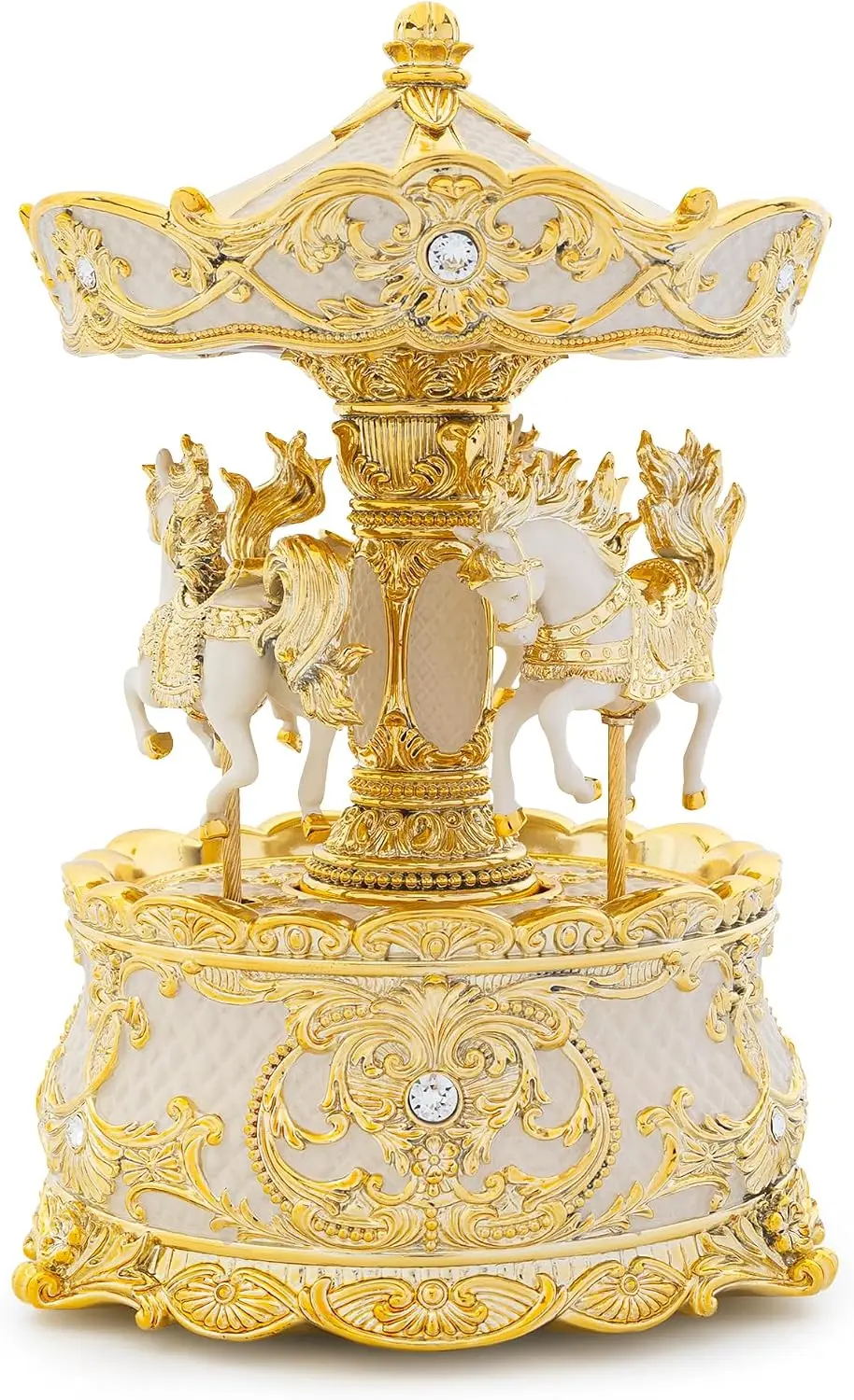 Carousel Music Box, Gold & Ivory, 8.7-Inch Rotating Christmas Musical Box with Wind-Up Cylinder, Holiday Gift for Kids, Adults and Women