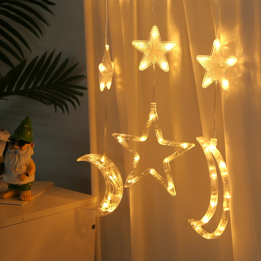 Luz LED colgante de ventana con forma de estrella y Luna, 3 uds., con ventosa, colgante decorativo, telón de fondo, cadena de luces para decoración de Año Nuevo