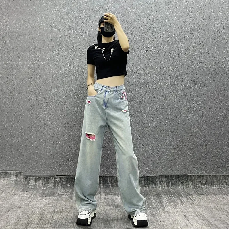 Vintage Color Pocket Ripped Y2k Baggy Jeans Women American Style Streetwear Cool Trouser Hot Girl High Waist Women\'s Denim Pants