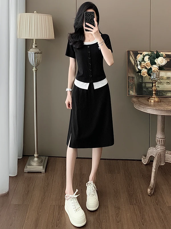 

Slim Fit Sportswear Set for Women Black Short Sleeve Top And Half-length Skirt Two-piece Casual Summer Outfit Elegant Sporty
