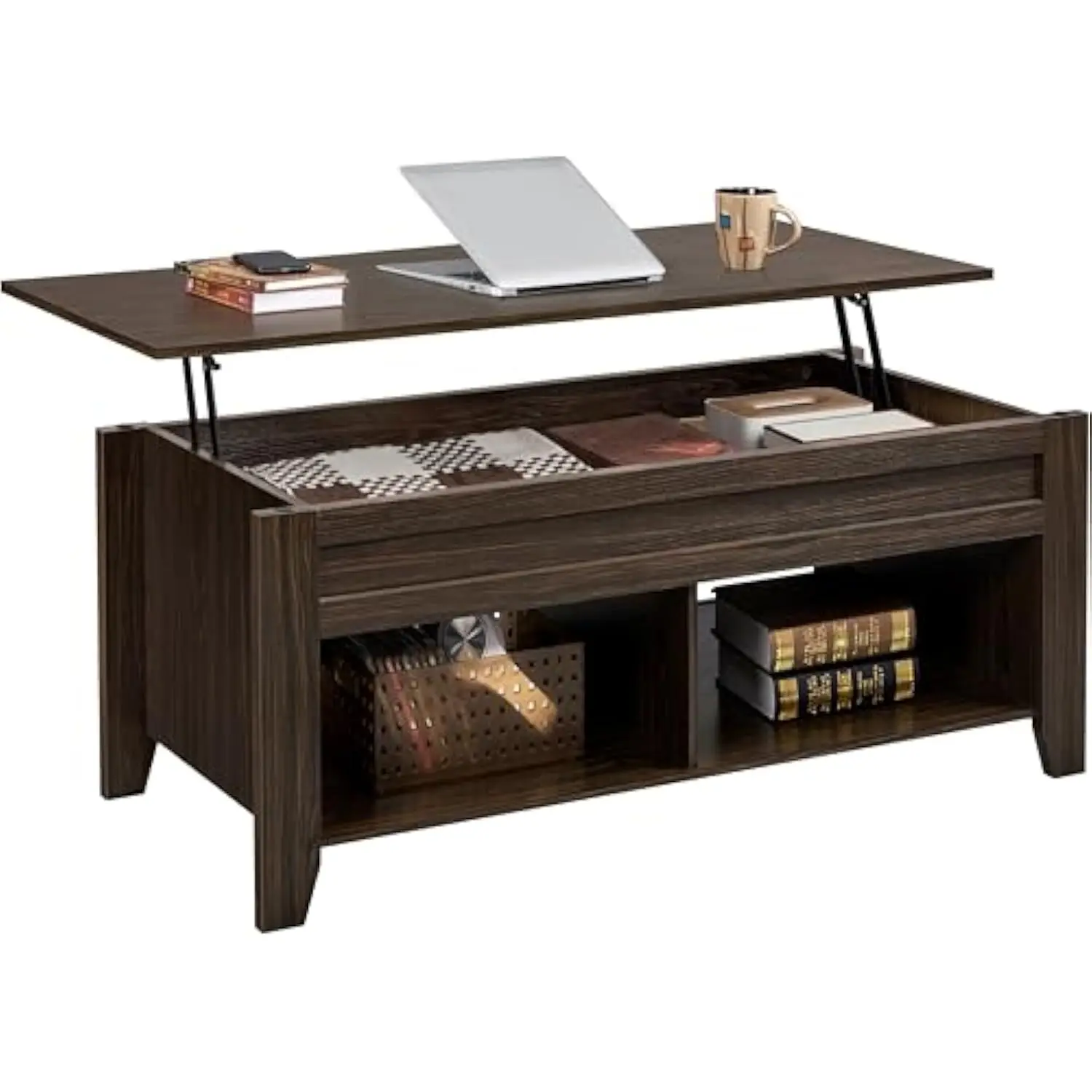 

Lift Top Coffee Table with Hidden Storage Compartment & 2 Open Shelves, Rising Tabletop Pop Up Center Table for Living Room Re