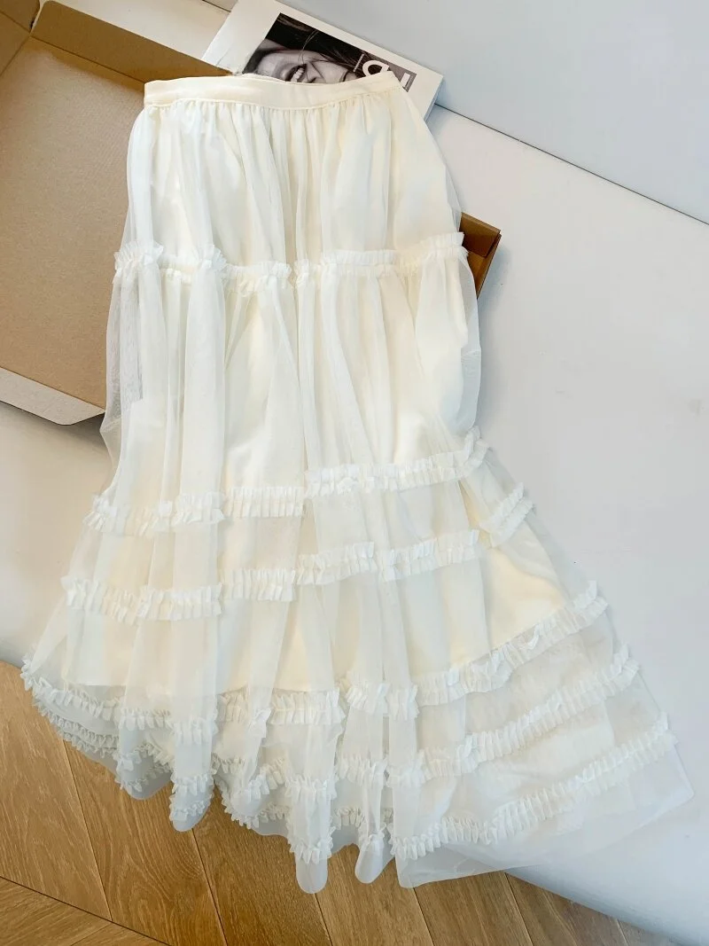 

White Wooden Bouncy Net f Skirt Midi A-Line Skirt Sweet Sle High Waist Casual Loose Fit plus Size Spring Summer
