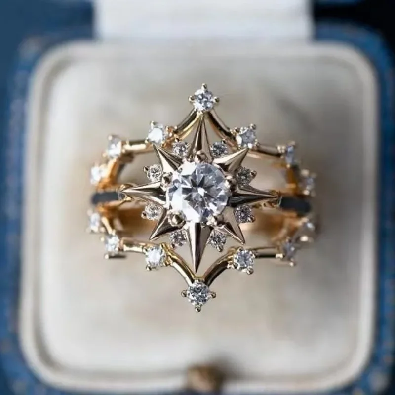 Nuevo anillo de estilo italiano con forma de estrella y luna, joyería francesa de circón de nicho