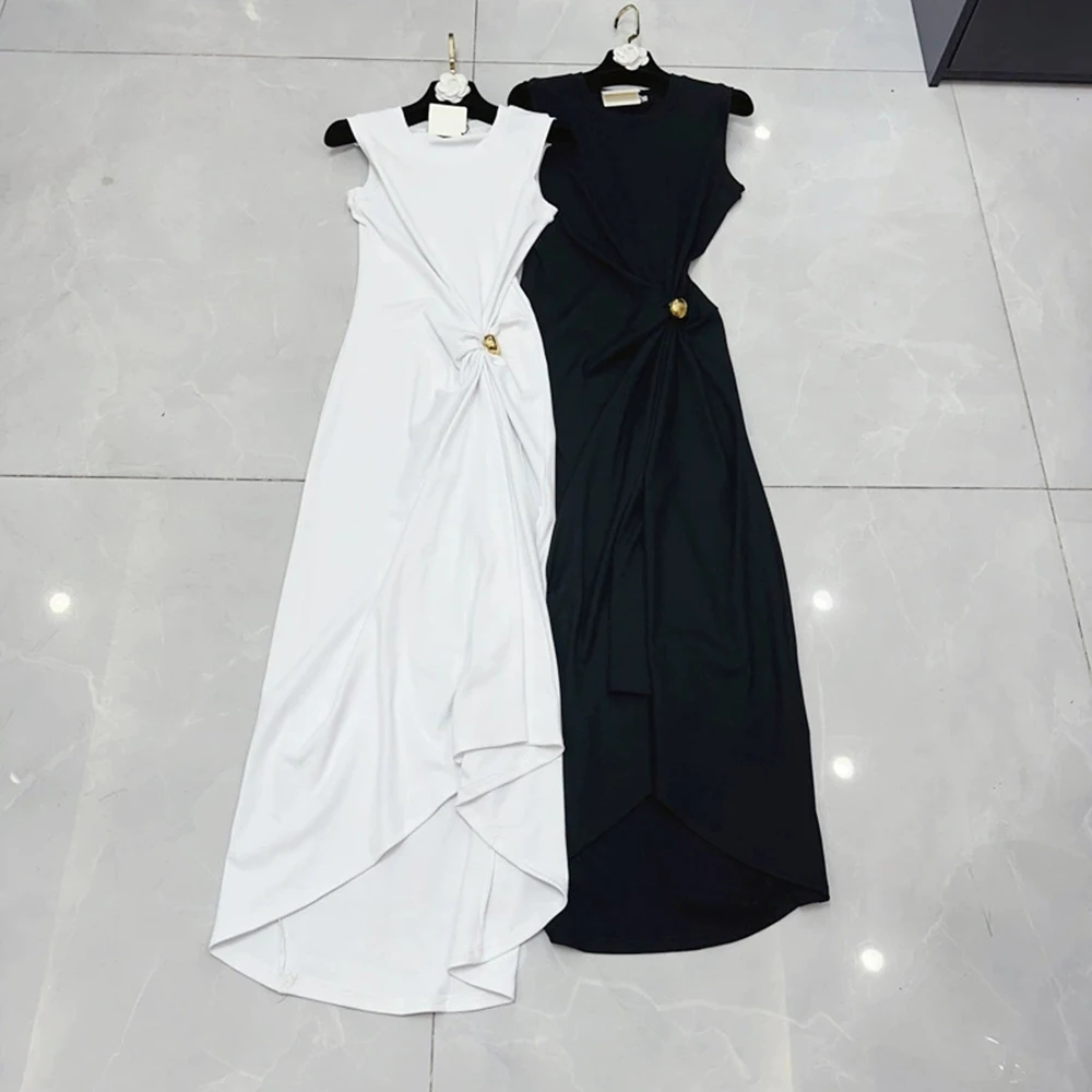 

Летнее платье-жилет без рукавов с круглым вырезом и плиссированной талией, нишевое асимметричное платье миди-GZXX253