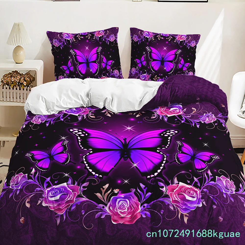 Purple Butterfly Rose Bedding Sets Fashion Duvet Cover Sets Twin Full Queen King Size Pillowcase For Kids Adult Gift Bed Linen 2
