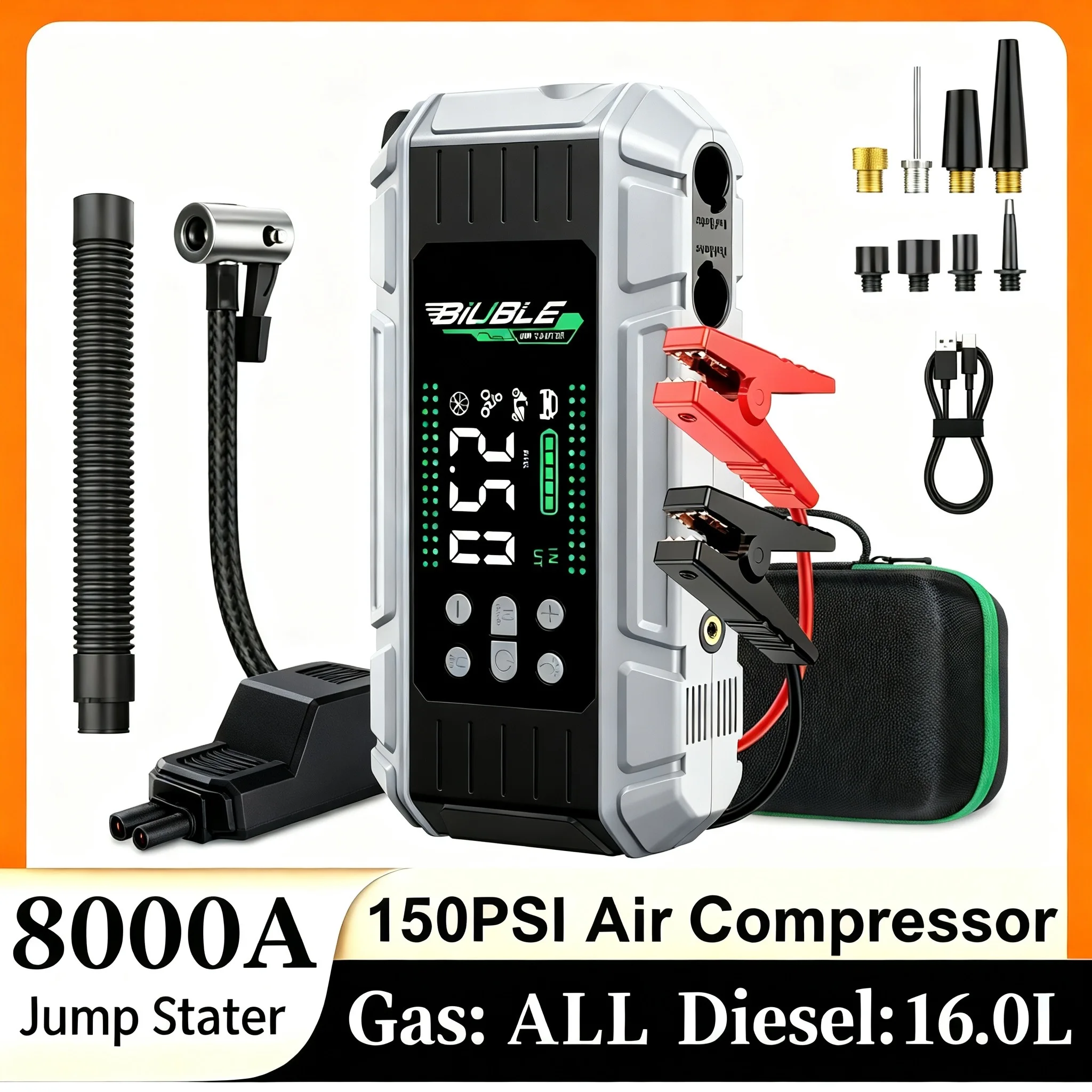 Image of BIUBLE 8000A 24800mAh Auto-Starthilfe 6-in-1 Funktionen: Luftpumpe, Luftkompressor, Gebläse, Zusatzbatterie und Smart-Starterkabel 12V