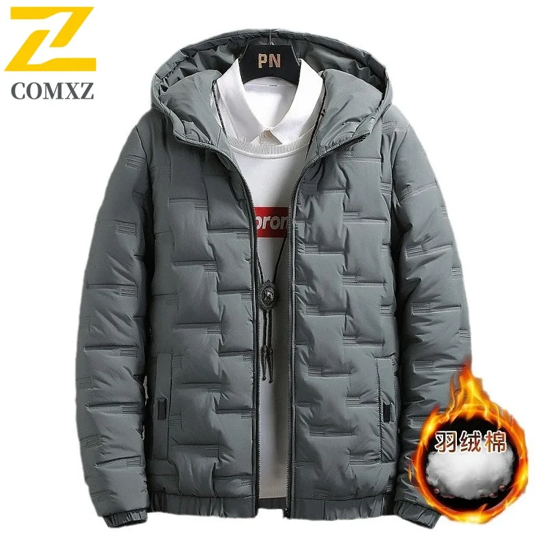 COMXZ 2025 Mens Korean Slim Hooded Thickened Cotton Winter Jacket Warm Tactics Waterproof and Windproof Outdoor Workweer Coat