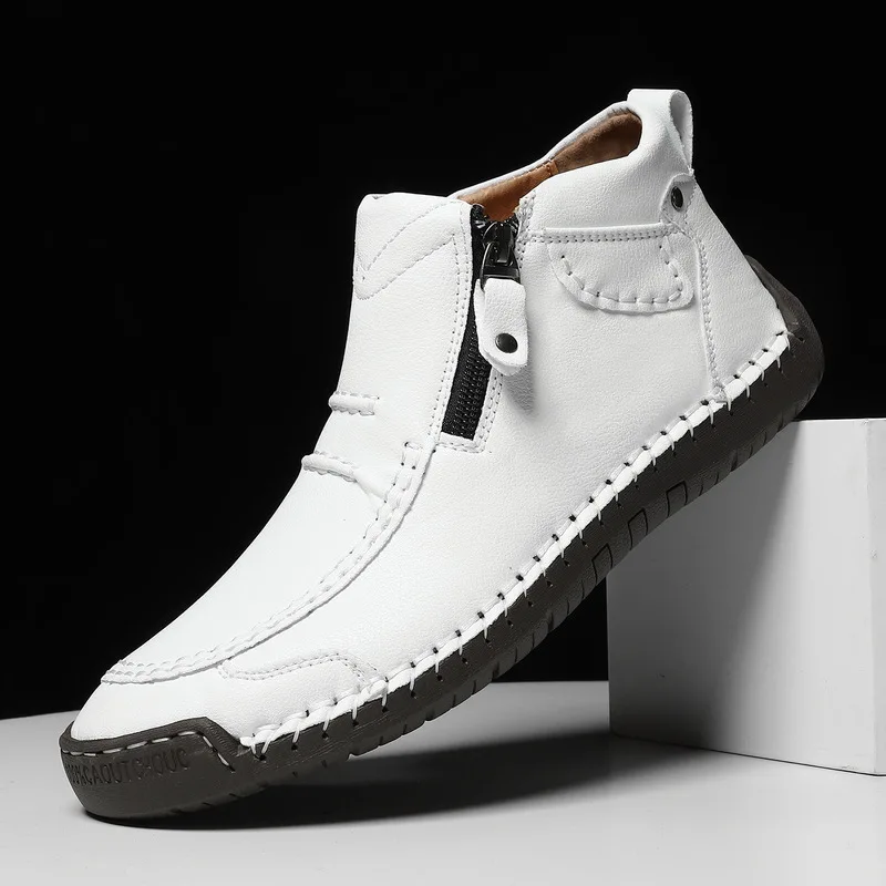 Botas Cortas con Cremallera Lateral para Hombre, Cosidas a Mano, Planas, Casuales para Exteriores, Tallas Grandes 36-48, Calzado Masculino de Horma Ancha