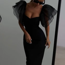 Ladies Sexy V-neck Chest Wrap Slim Long Dress Elegant Waist Wrap Hip Dresses Black Mesh Ruffled Short Sleeved Slim Evening Dress