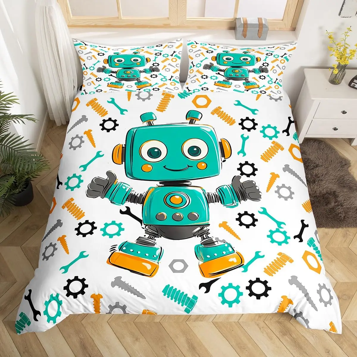 Cartoon Robot Duvet Cover Watercolor Screw Tools Bedding Set Modern Sci-Fi Robot Comforter Cover for Kids Polyester Quilt Cover